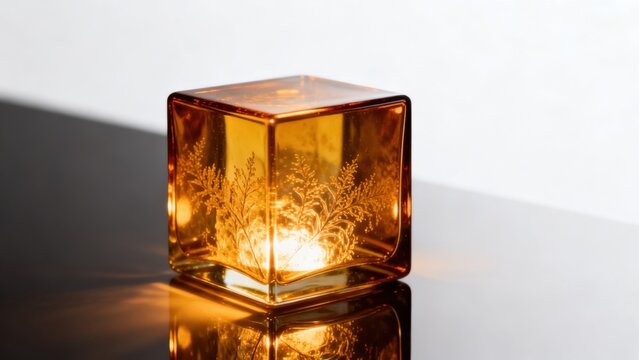 Amber glass cube with etched design and warm light