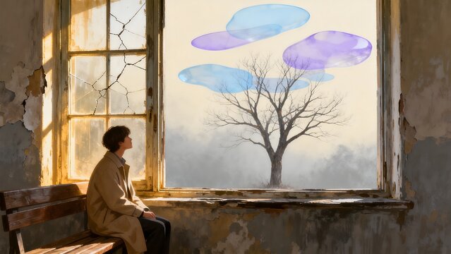 Person sitting by window looking at tree