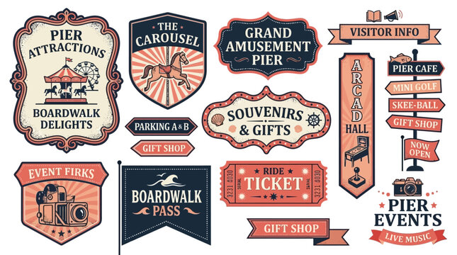 Vintage Boardwalk Amusement Park Signage and Emblem Collection for Coastal Attractions and Carnival Themed Graphic Design Layouts