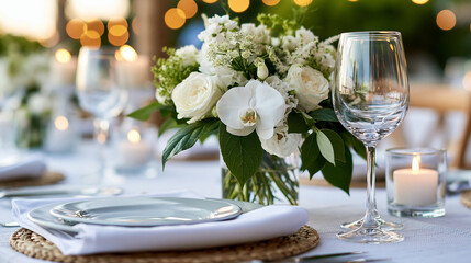 Fototapeta premium Elegant wedding table setting with a floral centerpiece and candles, luxury reception decor and event design concept, defocused warm ambient background, with copy space