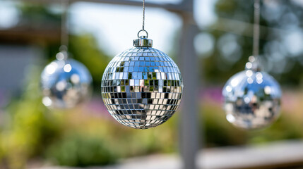 Obraz premium Premium silver mirror disco ball hanging ornaments for a wedding glamour and retro party atmosphere, event decor and nightclub lighting concept, defocused, with copy space