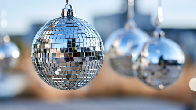 Premium silver mirror disco ball hanging ornaments for a wedding glamour and retro party atmosphere, event decor and nightclub lighting concept, defocused, with copy space