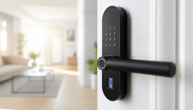 Modern smart door lock with keypad and fingerprint sensor close-up