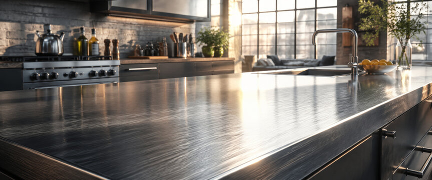 Modern kitchen interior with stainless steel countertop and appliances