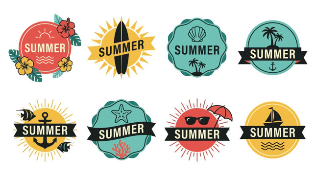 Set of Eight Vintage Tropical Summer Themed Circular Badges and Emblems Featuring Nautical and Beach Vacation Elements