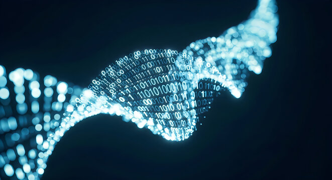 Glowing blue digital dna strand formed by binary code particles floating in a dark abstract space with cinematic depth effects