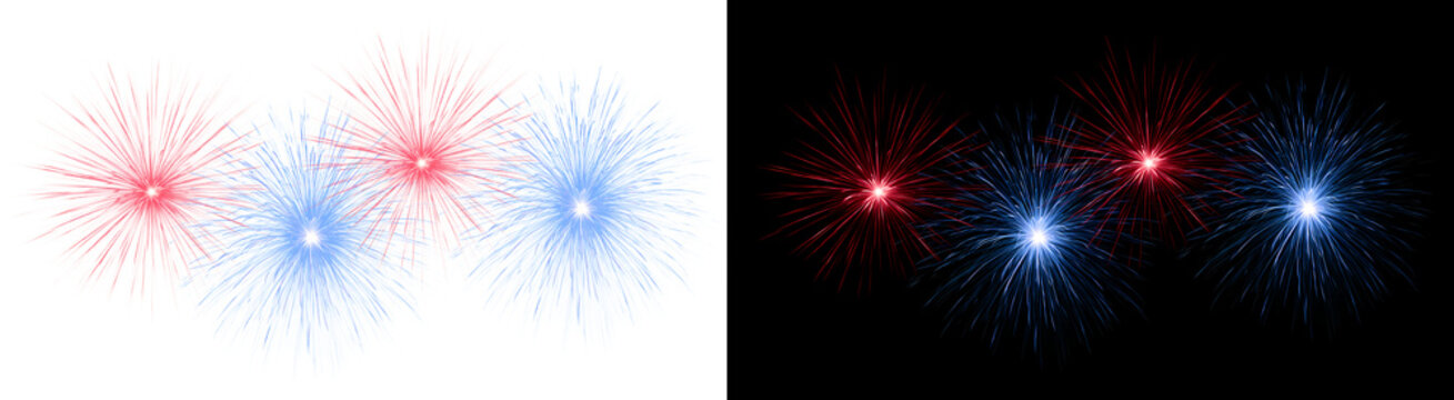 Patriotic red and blue fireworks exploding in the night sky, with glowing bokeh lights. Festive Independence Day design, isolated on a transparent background. PNG image.