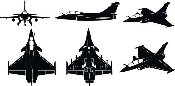 Dassault Rafale Fighter Jet Clean Silhouette Set 10 Views Front Side Top Isometric Banking Vector