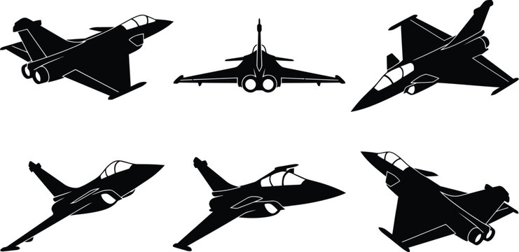 Dassault Rafale Fighter Jet Clean Silhouette Set 10 Views Front Side Top Isometric Banking Vector
