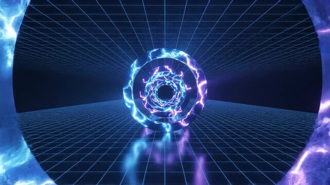 Futuristic energy tunnel with glowing neon rings and electric lightning effects. Seamless loop through a digital grid.