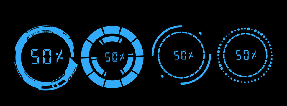 Futuristic HUD circle progress loading bar pack, sci-fi neon blue 50 percent indicator elements isolated on black background.