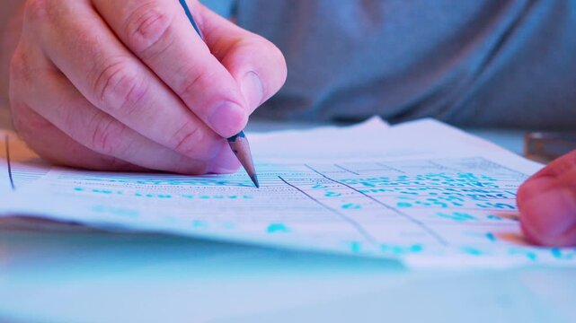 Close-up of filling out financial tax forms with a marker. Shallow depth of field, natural light. Metaphor for accounting, business audit, office routine, paperwork and financial planning.