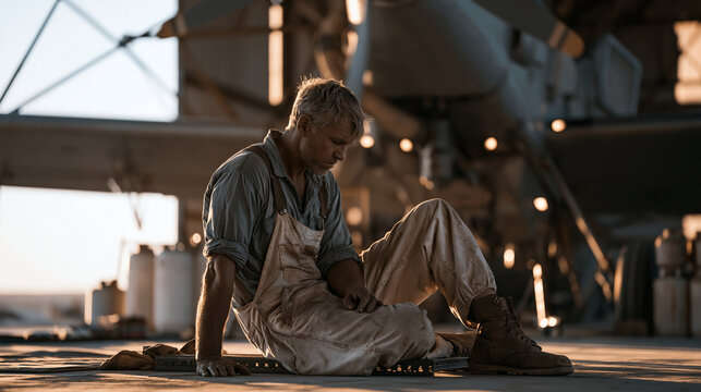 Weathered crop duster mechanic lying on mechanic creeper beneath biplane fuselage checking hopper nozzle alignment and pump calibration inside corrugated metal hangar on remote