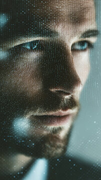 Close up portrait of a thoughtful young man with digital grid overlay, symbolizing artificial intelligence and futuristic technology. Modern innovation and human machine interaction concept