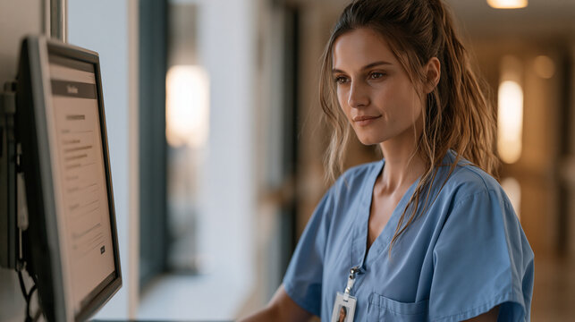 New hospital staff member works through mandatory compliance training module on industrial workstation mounted in hallway alcove, scrubs on, badge clipped to chest, digital