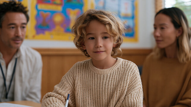 Child behavioral psychologist administers an amygdala fear response conditioning evaluation to a school-age child using illustrated stimulus cards in a warmly decorated pediatric
