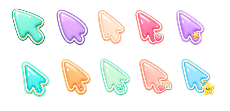 Colorful cute cursor arrow pointer icons set with hearts and stars decorations, pastel kawaii style mouse click symbols collection for web interface UI design, cartoon gaming elements in turquoise pur