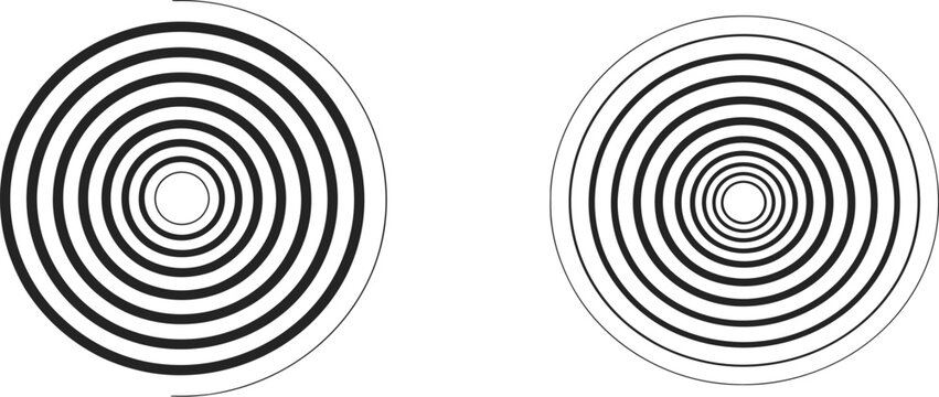 Black and white abstract geometric pattern of circles, egg shape and spiral maze tunnel illusion design