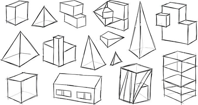 Geometric shapes and architectural sketches collection including cubes pyramids prisms and a house isolated on transparent background