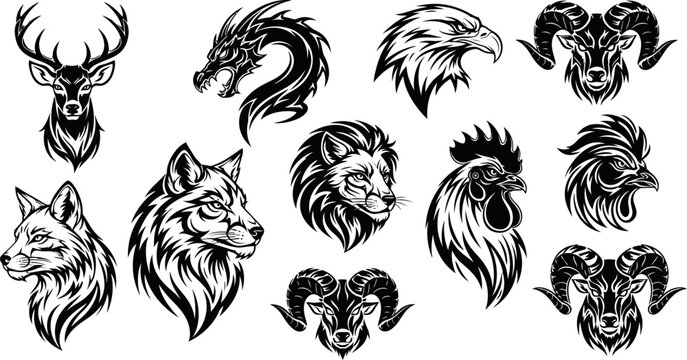 Black and white animal head illustrations isolated on transparent background
