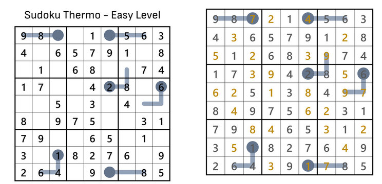 Easy Thermo Sudoku Logic Puzzle with Solution