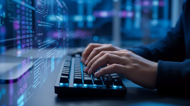 Person typing on keyboard, coding, programming, technology background, blue neon lights