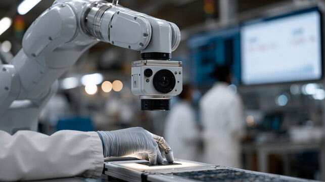 Factory quality control robot using camera array and robotic fingers to examine microelectronics on a lit inspection table, manufacturing floor workers reviewing pass-fail