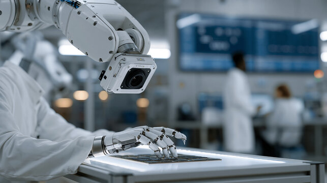 Factory quality control robot using camera array and robotic fingers to examine microelectronics on a lit inspection table, manufacturing floor workers reviewing pass-fail