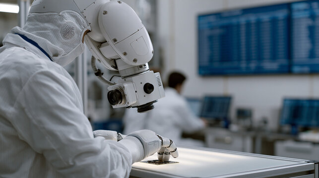 Factory quality control robot using camera array and robotic fingers to examine microelectronics on a lit inspection table, manufacturing floor workers reviewing pass-fail