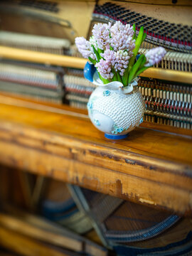 Rustic Interior with Vintage Upright Piano, Blue Chair and Pink Hyacinths
