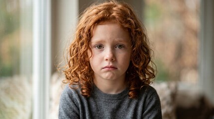 Fototapeta premium Child's emotional expression cozy indoor setting portrait natural light close-up sadness and reflection