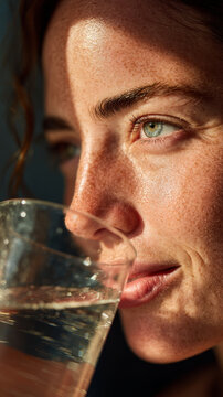 Close up portrait of a young woman with green eyes and freckles drinking fresh water from a glass in natural sunlight. Healthy hydration and glowing skin concept for wellness and beauty