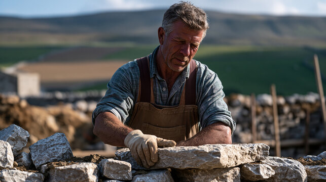 Dry stone waller rebuilds collapsed field boundary in Yorkshire Dales using traditional coping stone technique, farm fields visible on gradient behind, rural craft heritage,