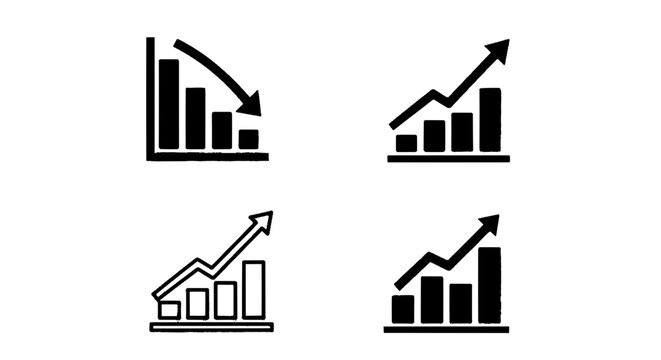 Minimal black silhouette icon, simple flat vector, bold black shape, no, no shading set of bar chart icons with trend arrows showing growth and decline on a, flat icon style