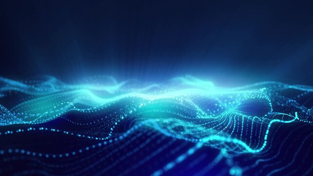 Abstract digital waves formed by glowing particles move across a dynamic 3D landscape, creating a futuristic visualization of data, energy, movement, technology, and connectivity.
