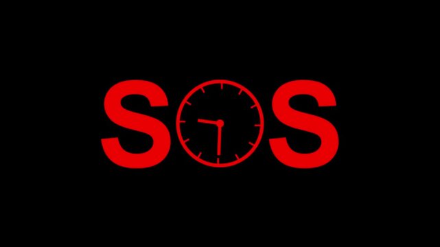 SOS text with clock replacing letter O loop animation on black background. Representing time emergency concept, A beautiful clock animation in sos text.