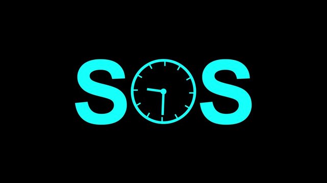 SOS text with clock replacing letter O loop animation on black background. Representing time emergency concept, A beautiful clock animation in sos text.