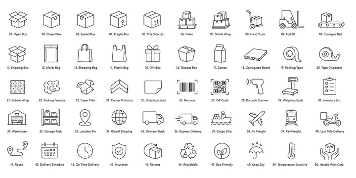 Logistics and shipping line icons set, 50 delivery service symbols, warehouse and distribution outline graphics for supply chain management isolated on White Background ai