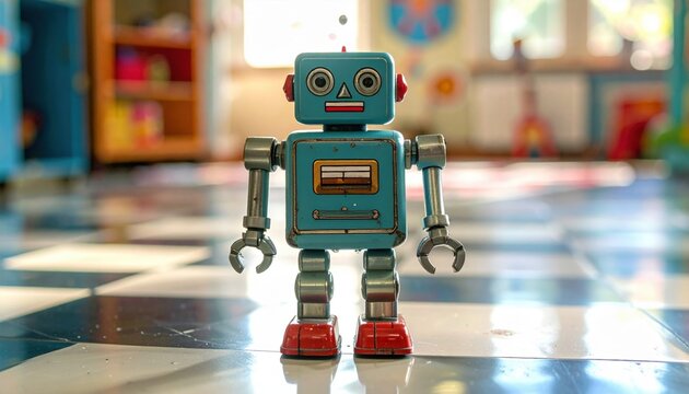 A classic tin wind-up toy robot standing on a checkered floor, evoking childhood nostalgia and vintage charm.