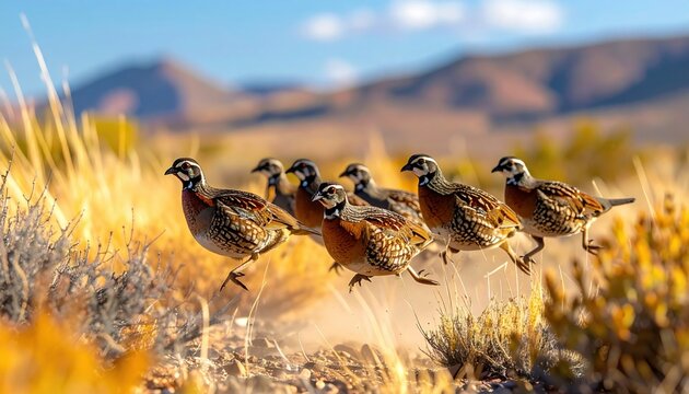 A dynamic flock of fast-moving quail running across a dusty, sunlit field with mountains in the background