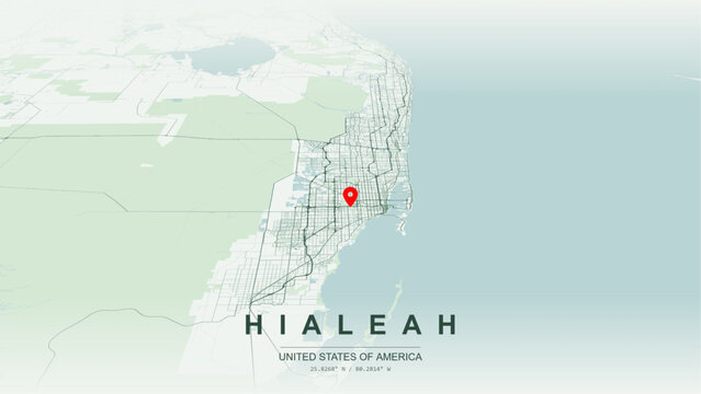 Modern minimalist vector map of Hialeah, Florida, USA. High-quality scalable illustration of Hialeah city grid, Miami Canal contours, Palmetto Expressway SR 826, Gratigny Parkway for posters design.