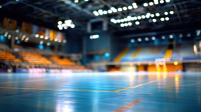 Stunning photo of blurred background of a futsal arena with an empty court and seating area. The image captures the indoor sports facility, highlighting the court markings and.