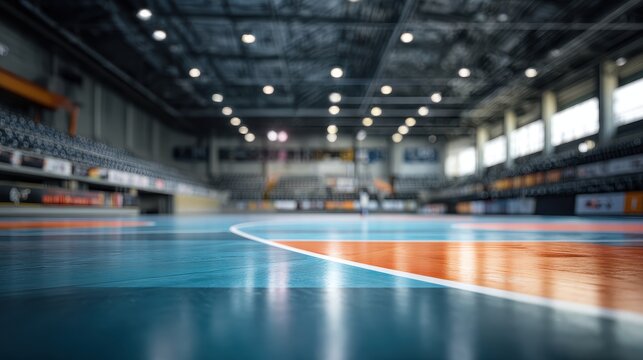 Stunning photo of blurred background of a futsal arena with an empty court and seating area. The image captures the indoor sports facility, highlighting the court markings and.