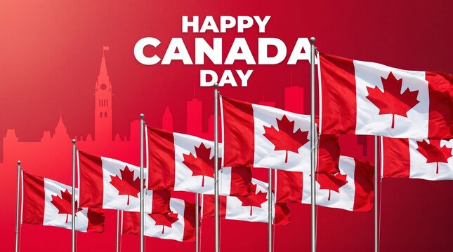 Happy canada day celebration with flags and parliament hill silhouette
