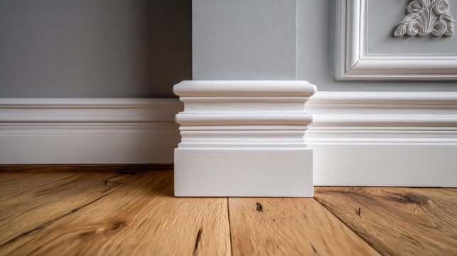 Stunning photo of close-up of white decorative baseboard on a light gray wall and natural wood floor.