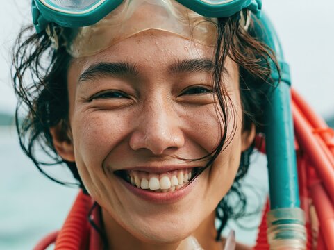 Joyful woman with snorkeling gear ready for underwater adventure