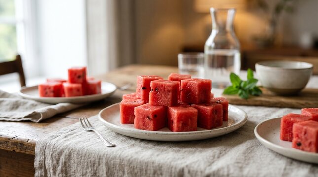 fresh watermelon cubes plate summer fruit  
