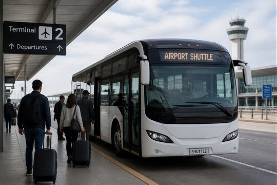Passengers boarding airport shuttle bus at terminal curb