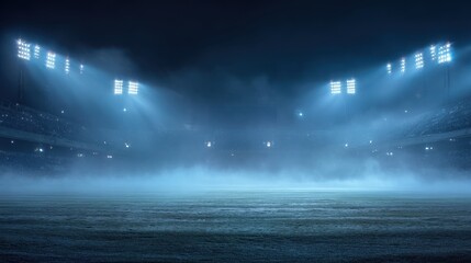 Fototapeta premium Stunning photo of dramatic view of an empty soccer stadium at night with bright floodlights and thick blue fog over the grass field.