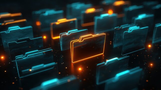 Stunning photo of digital Glowing Folders on a Dark Background Representing Data Storage and Network Security.